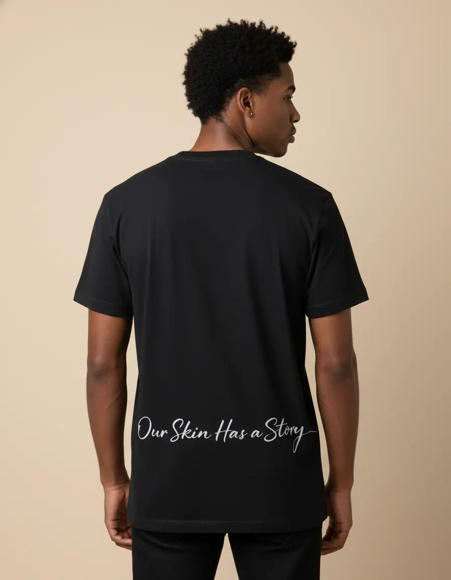Unbound Lineage tee back print Our Skin Has a Story message black t-shirt