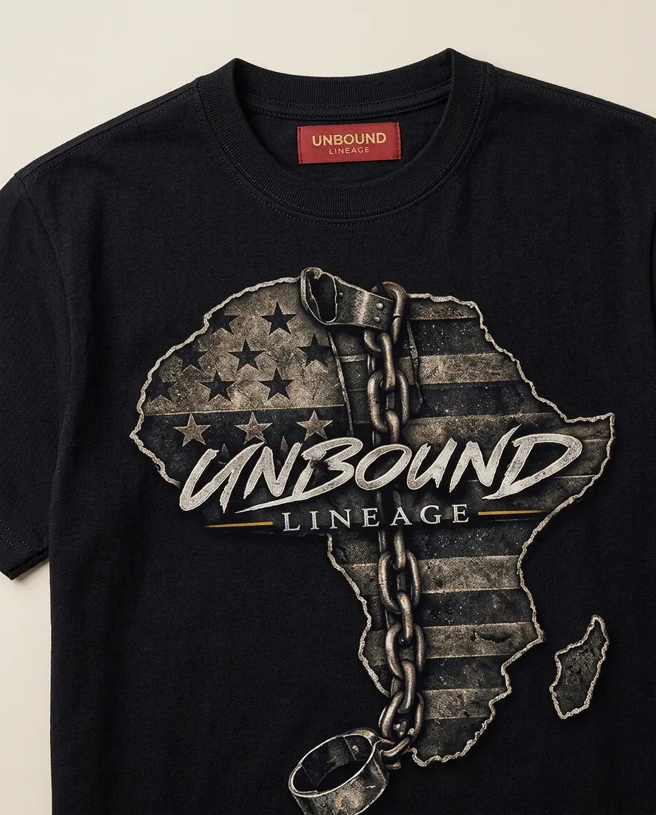 Unbound Lineage t-shirt premium fabric close up soft cotton texture black tee