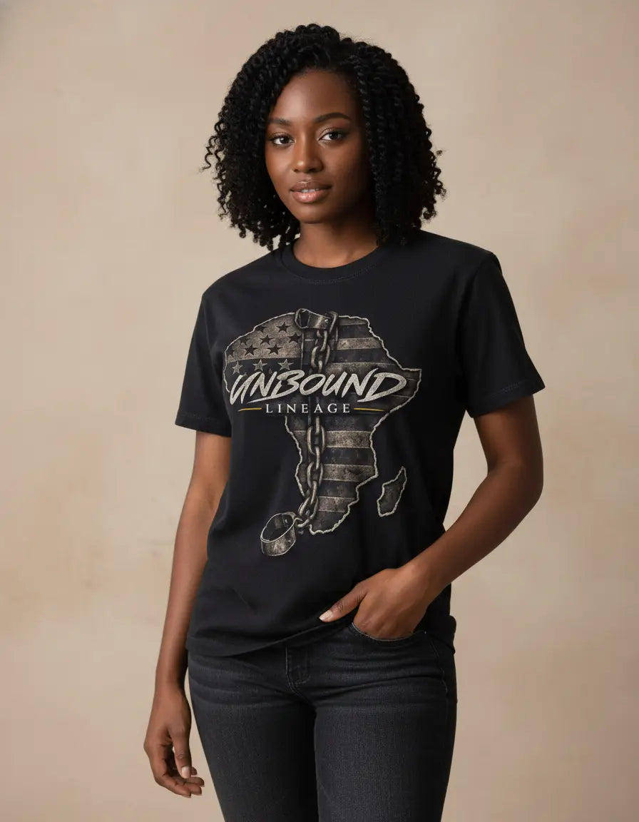 Unbound Lineage black tee front view female model luxury streetwear outfit
