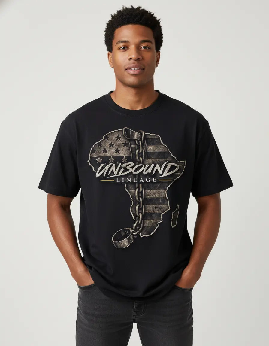 Unbound Lineage Tee black streetwear t-shirt front view male model minimalist design