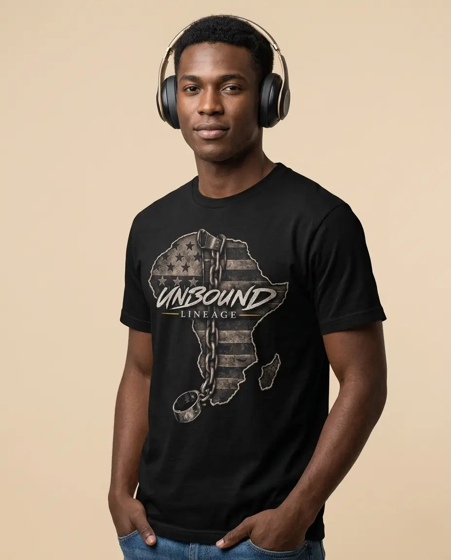 Unbound Lineage black t-shirt side view clean fit modern streetwear style