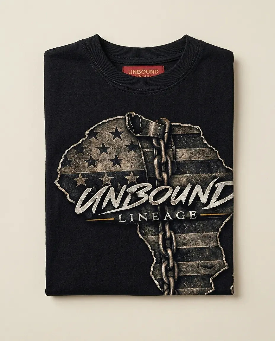 Our Skin Has a Story print close up Unbound Lineage black tee message detail